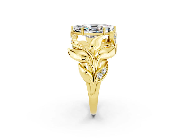 Yellow gold Marquise Cut Moissanite Leaf-Inspired Engagement Ring with Round Accents and Prong Setting