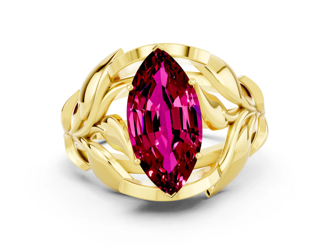 Yellow gold Marquise Cut Solitaire Leaf-Inspired Engagement Ring with Prong Setting