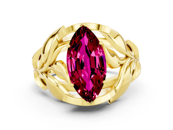 Yellow gold Marquise Cut Garnet Leaf-Inspired Engagement Ring with Round Accents and Prong Setting