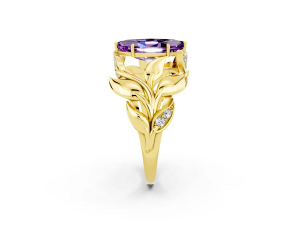 Yellow gold Marquise Cut Amethyst Leaf-Inspired Engagement Ring with Round Accents and Prong Setting