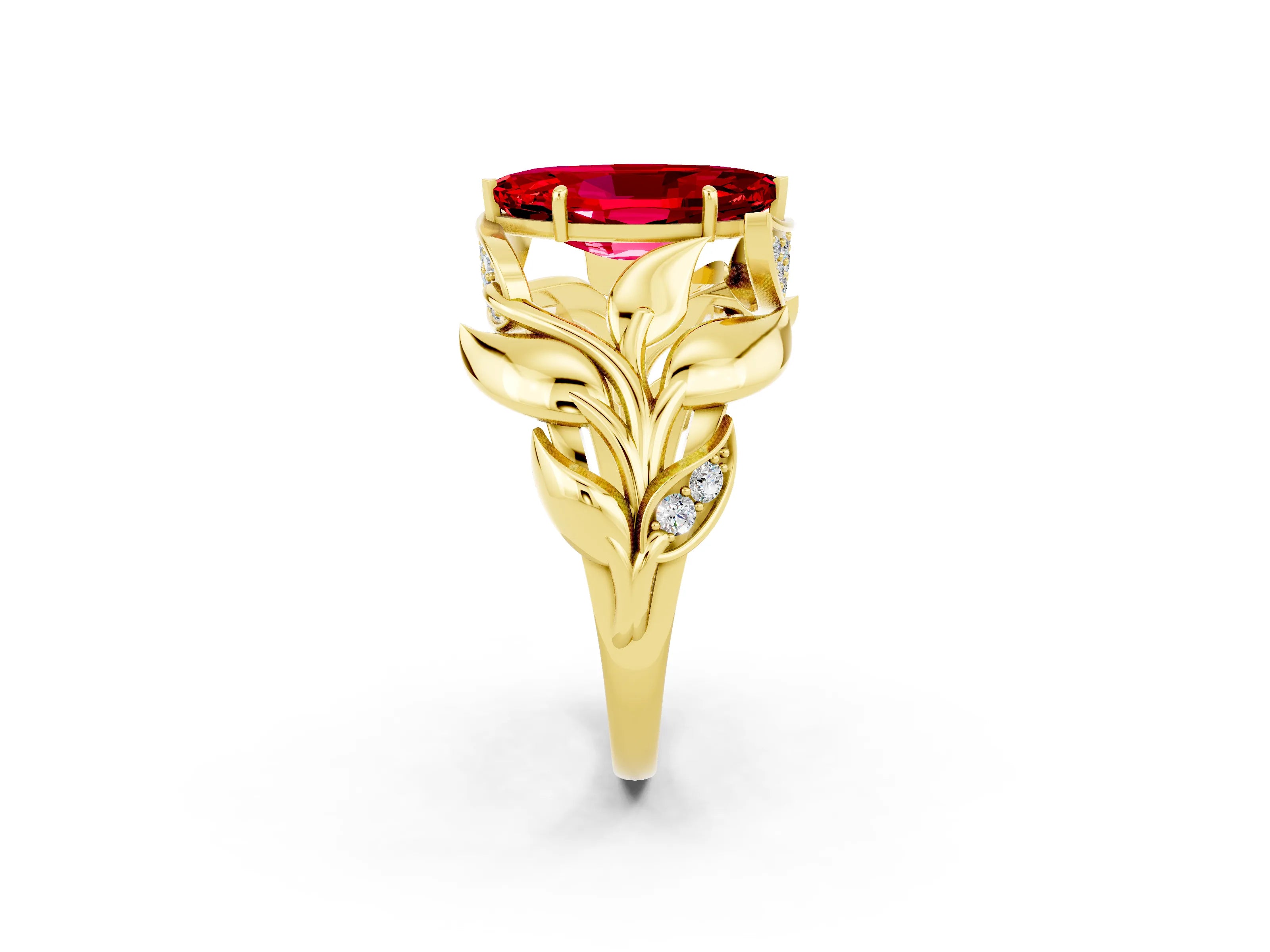 Yellow gold Marquise Cut Solitaire Leaf-Inspired Engagement Ring with Prong Setting_2