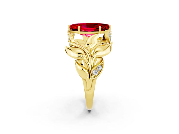 Yellow gold Marquise Cut Ruby Leaf-Inspired Engagement Ring with Round Accents and Prong Setting