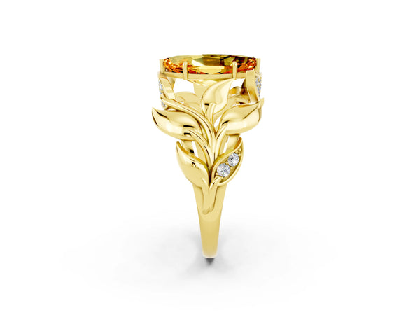 Yellow gold Marquise Cut Citrine Leaf-Inspired Engagement Ring with Round Accents and Prong Setting