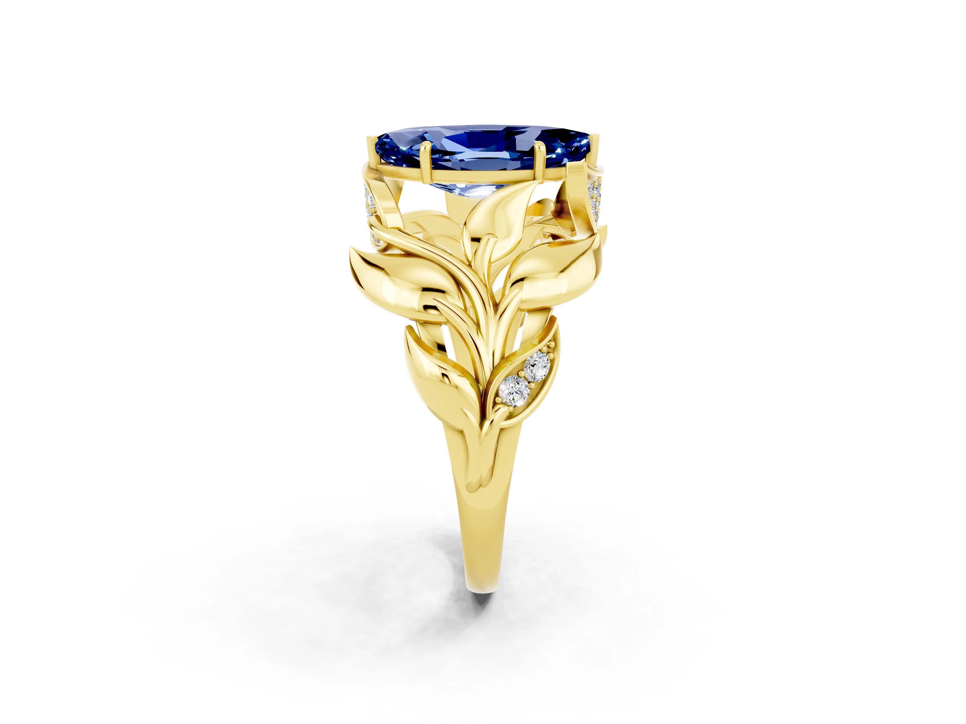 Yellow gold Marquise Cut Solitaire Leaf-Inspired Engagement Ring with Prong Setting_2