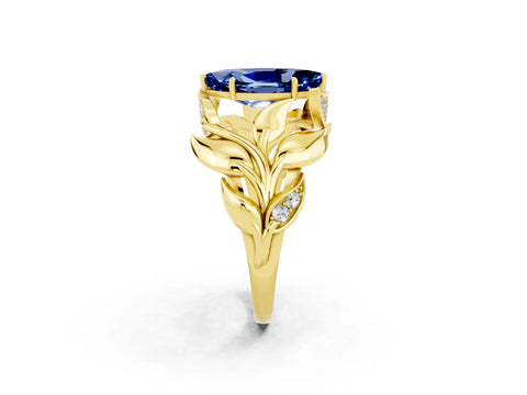 Yellow gold Marquise Cut Solitaire Leaf-Inspired Engagement Ring with Prong Setting_2