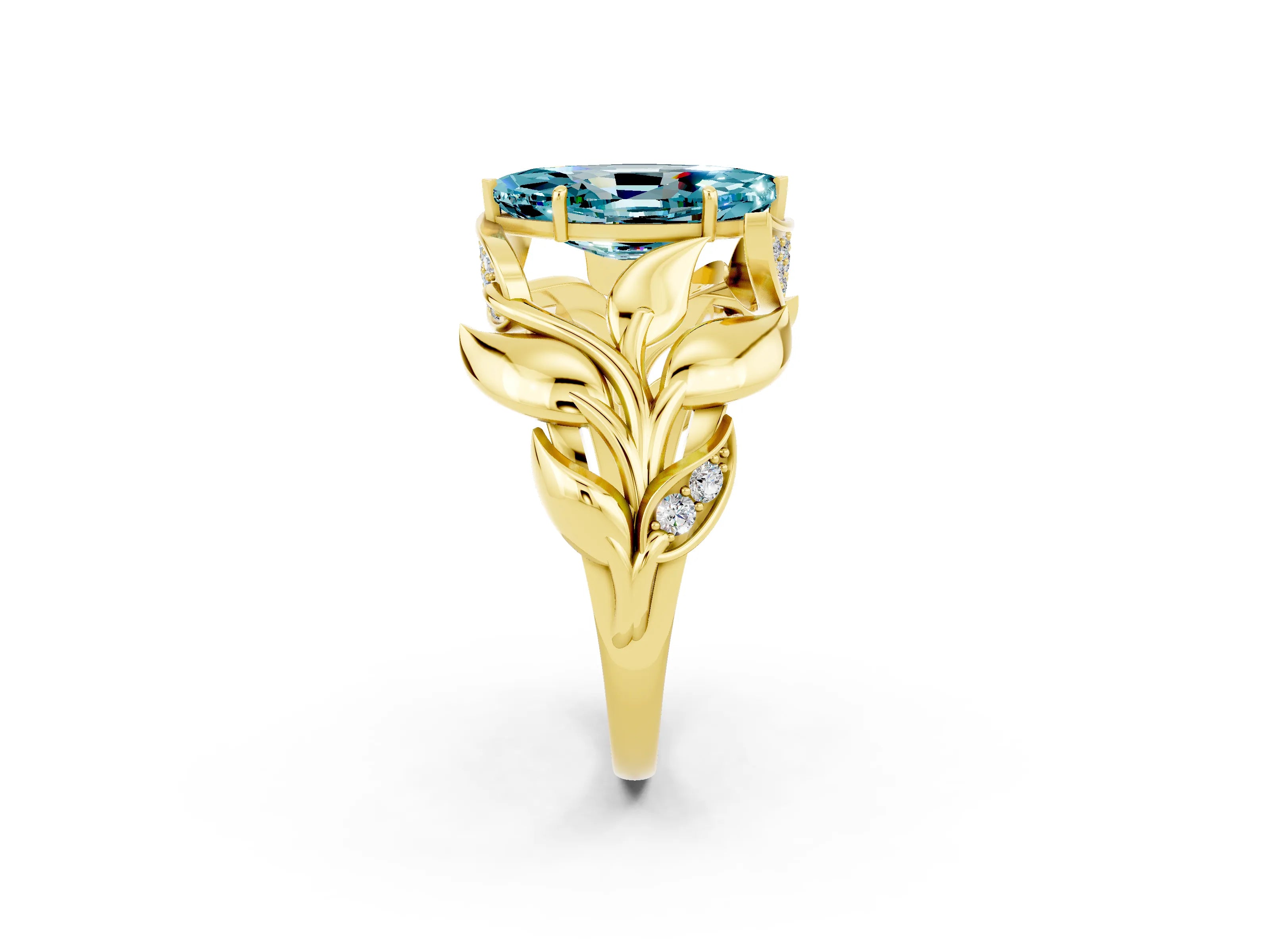 Yellow gold Marquise Cut Solitaire Leaf-Inspired Engagement Ring with Prong Setting_2