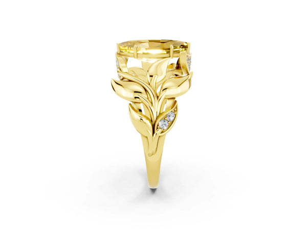 Yellow gold Marquise Cut Yellow Sapphire Leaf-Inspired Engagement Ring with Round Accents and Prong Setting