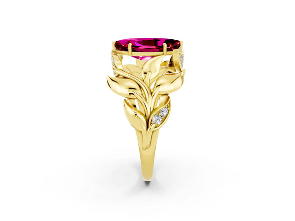 Yellow gold Marquise Cut Garnet Leaf-Inspired Engagement Ring with Round Accents and Prong Setting