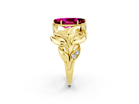 Yellow gold Marquise Cut Solitaire Leaf-Inspired Engagement Ring with Prong Setting_2