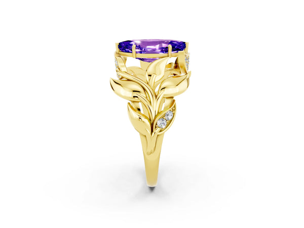 Yellow gold Marquise Cut Tanzanite Leaf-Inspired Engagement Ring with Round Accents and Prong Setting