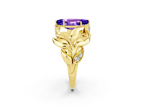 Yellow gold Marquise Cut Solitaire Leaf-Inspired Engagement Ring with Prong Setting_2