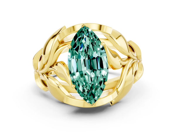 Yellow gold Marquise Cut Green Sapphire Leaf-Inspired Engagement Ring with Round Accents and Prong Setting
