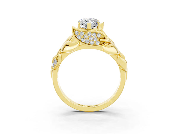 Yellow gold Marquise Cut Moissanite Leaf-Inspired Engagement Ring with Round Accents and Prong Setting