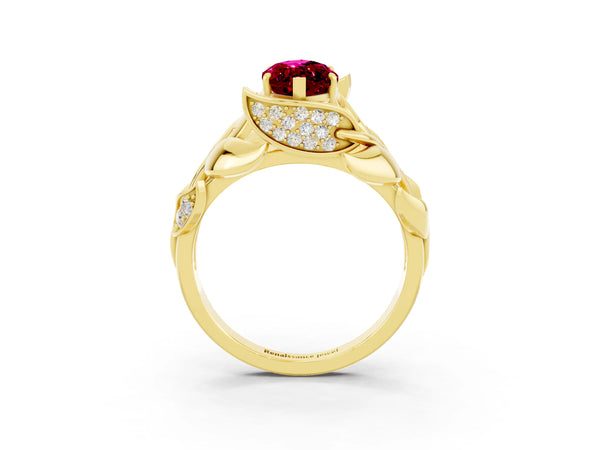 Yellow gold Marquise Cut Garnet Leaf-Inspired Engagement Ring with Round Accents and Prong Setting