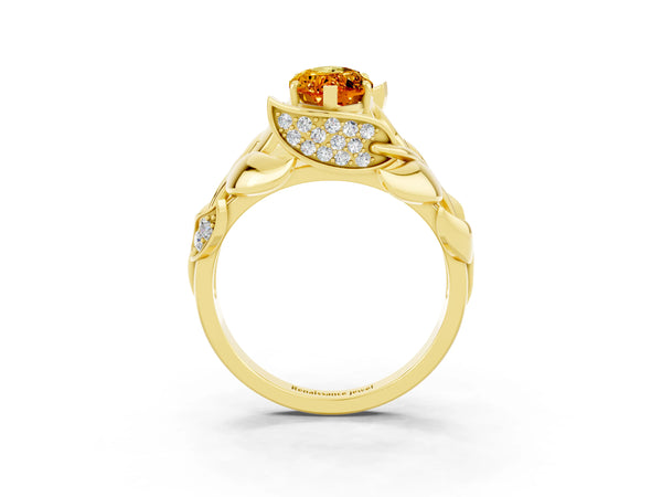 Yellow gold Marquise Cut Citrine Leaf-Inspired Engagement Ring with Round Accents and Prong Setting