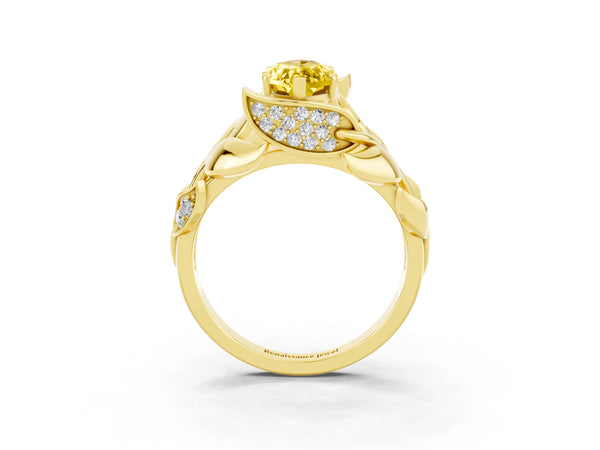 Yellow gold Marquise Cut Yellow Sapphire Leaf-Inspired Engagement Ring with Round Accents and Prong Setting