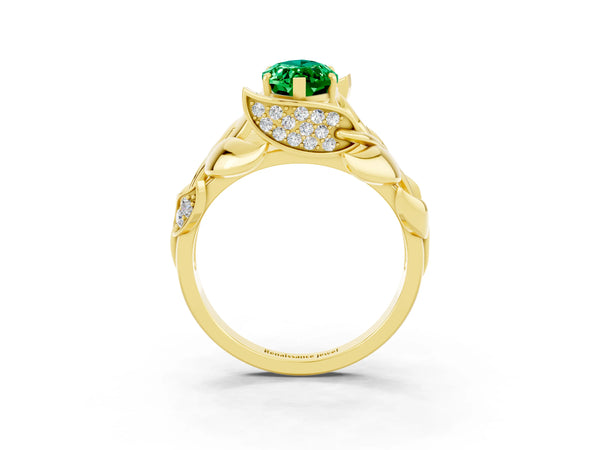Yellow gold Marquise Cut Emerald Leaf-Inspired Engagement Ring with Round Accents and Prong Setting