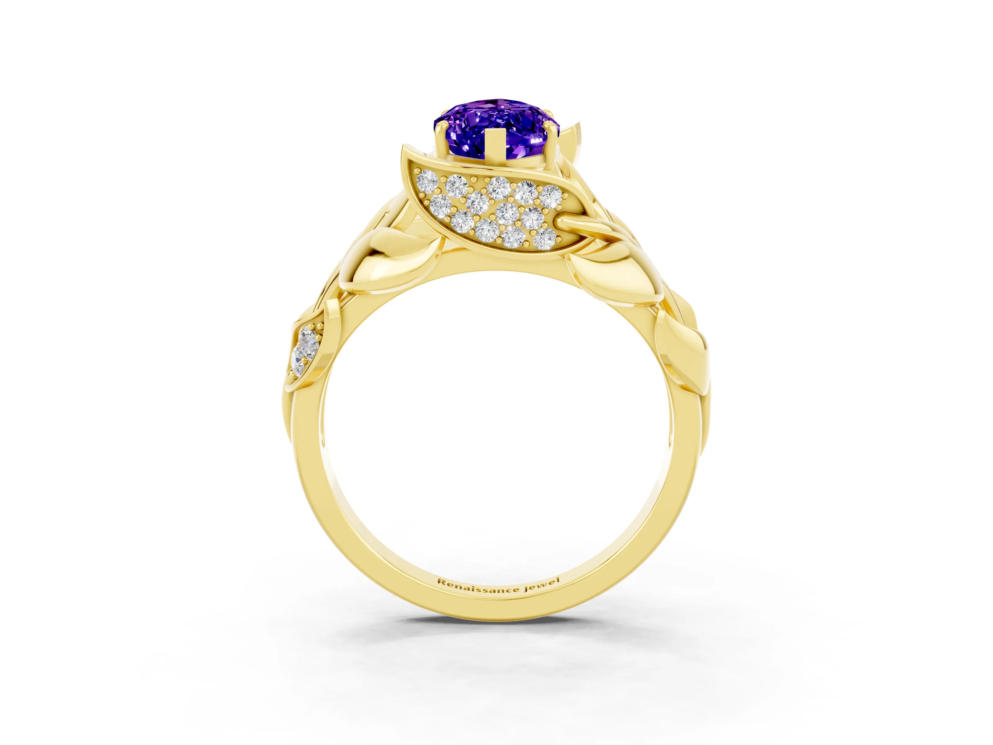 Yellow gold Marquise Cut Solitaire Leaf-Inspired Engagement Ring with Prong Setting_3