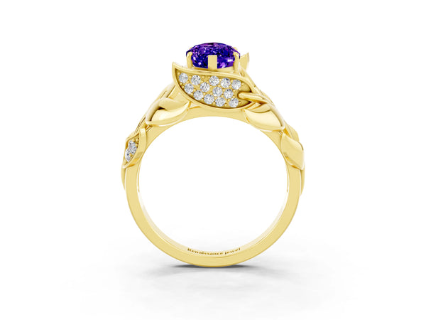 Yellow gold Marquise Cut Tanzanite Leaf-Inspired Engagement Ring with Round Accents and Prong Setting