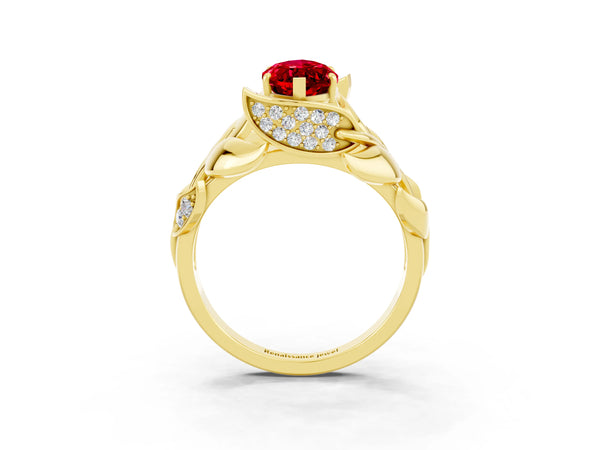 Yellow gold Marquise Cut Ruby Leaf-Inspired Engagement Ring with Round Accents and Prong Setting