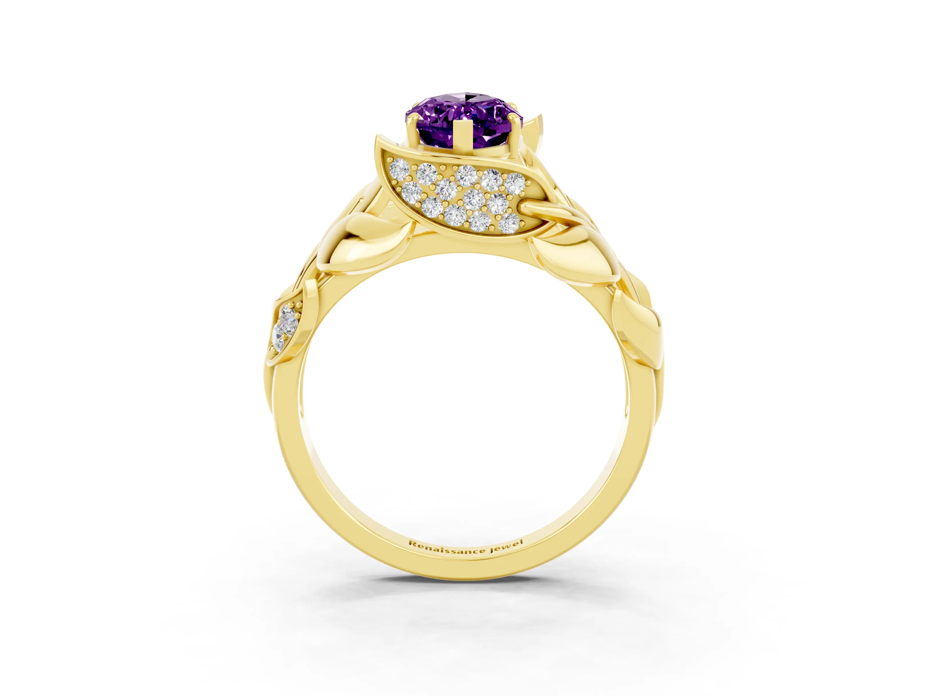Yellow gold Marquise Cut Solitaire Leaf-Inspired Engagement Ring with Prong Setting_3