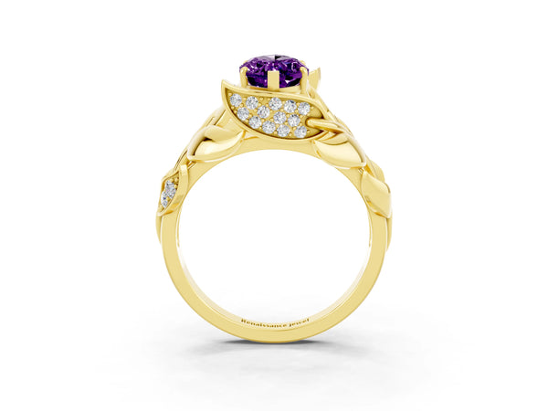 Yellow gold Marquise Cut Amethyst Leaf-Inspired Engagement Ring with Round Accents and Prong Setting