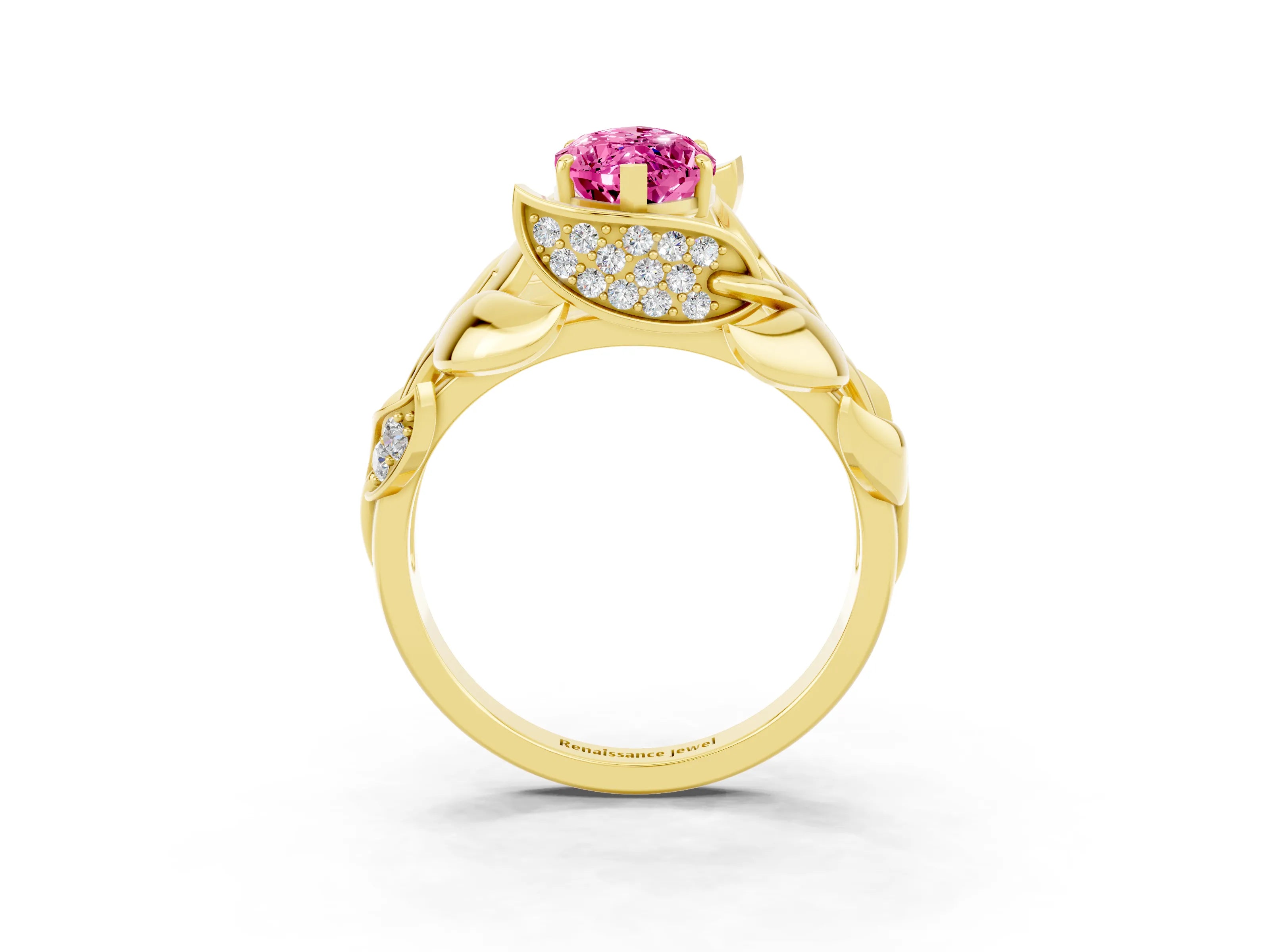 Yellow gold Marquise Cut Solitaire Leaf-Inspired Engagement Ring with Prong Setting_3