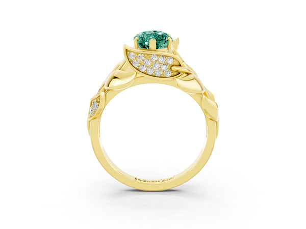 Yellow gold Marquise Cut Green Sapphire Leaf-Inspired Engagement Ring with Round Accents and Prong Setting