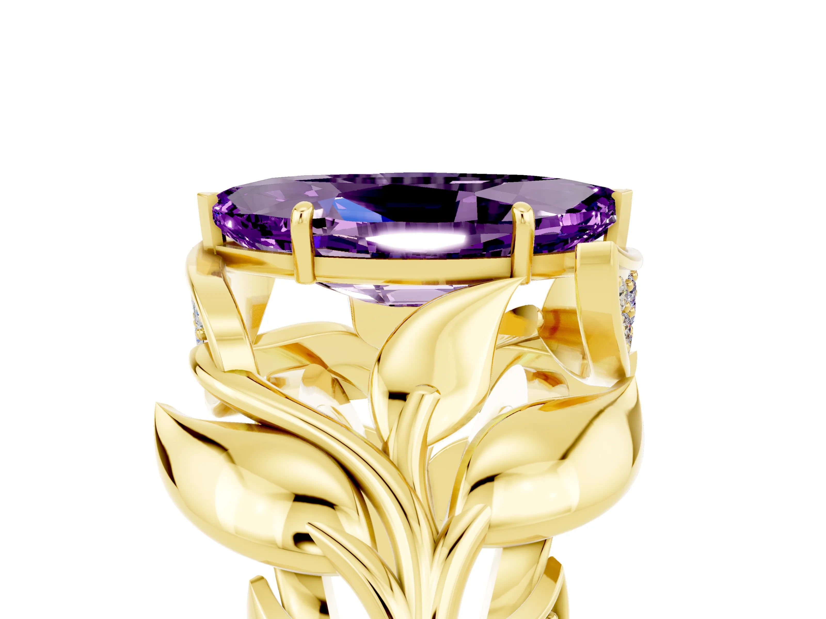Yellow gold Marquise Cut Solitaire Leaf-Inspired Engagement Ring with Prong Setting_5