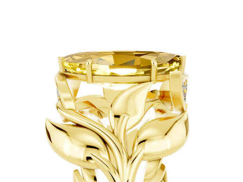 Yellow gold Marquise Cut Solitaire Leaf-Inspired Engagement Ring with Prong Setting_5