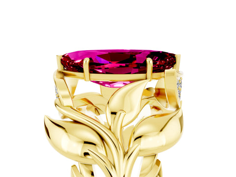 Yellow gold Marquise Cut Solitaire Leaf-Inspired Engagement Ring with Prong Setting_5