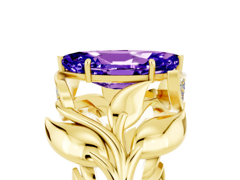Yellow gold Marquise Cut Solitaire Leaf-Inspired Engagement Ring with Prong Setting_5