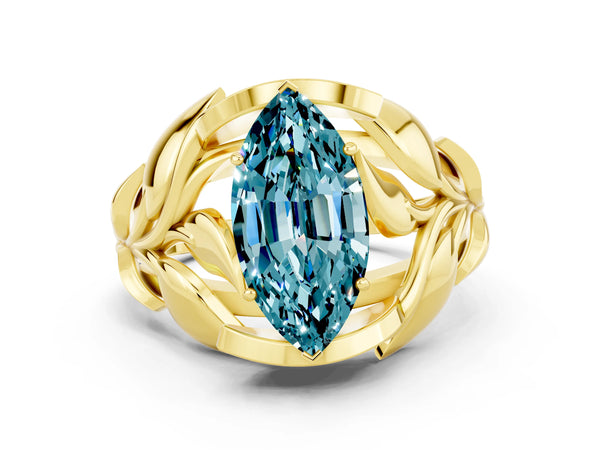 Yellow gold Marquise Cut Solitaire Leaf-Inspired Engagement Ring with Prong Setting