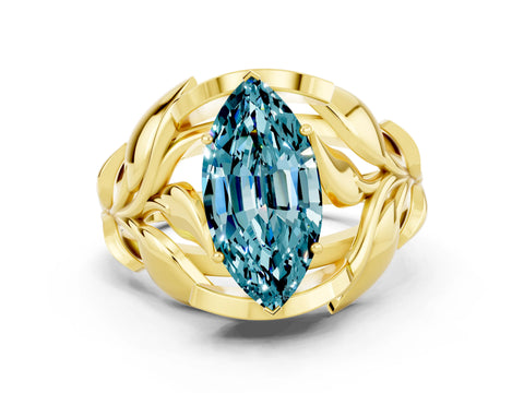 Yellow gold Marquise Cut Solitaire Leaf-Inspired Engagement Ring with Prong Setting
