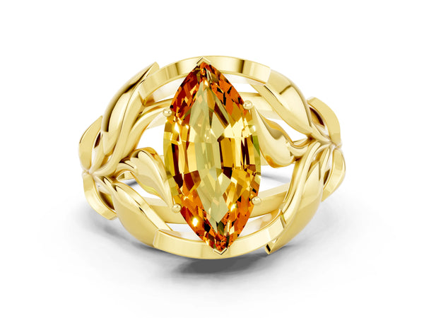 Yellow gold Marquise Cut Citrine Leaf-Inspired Engagement Ring with Round Accents and Prong Setting