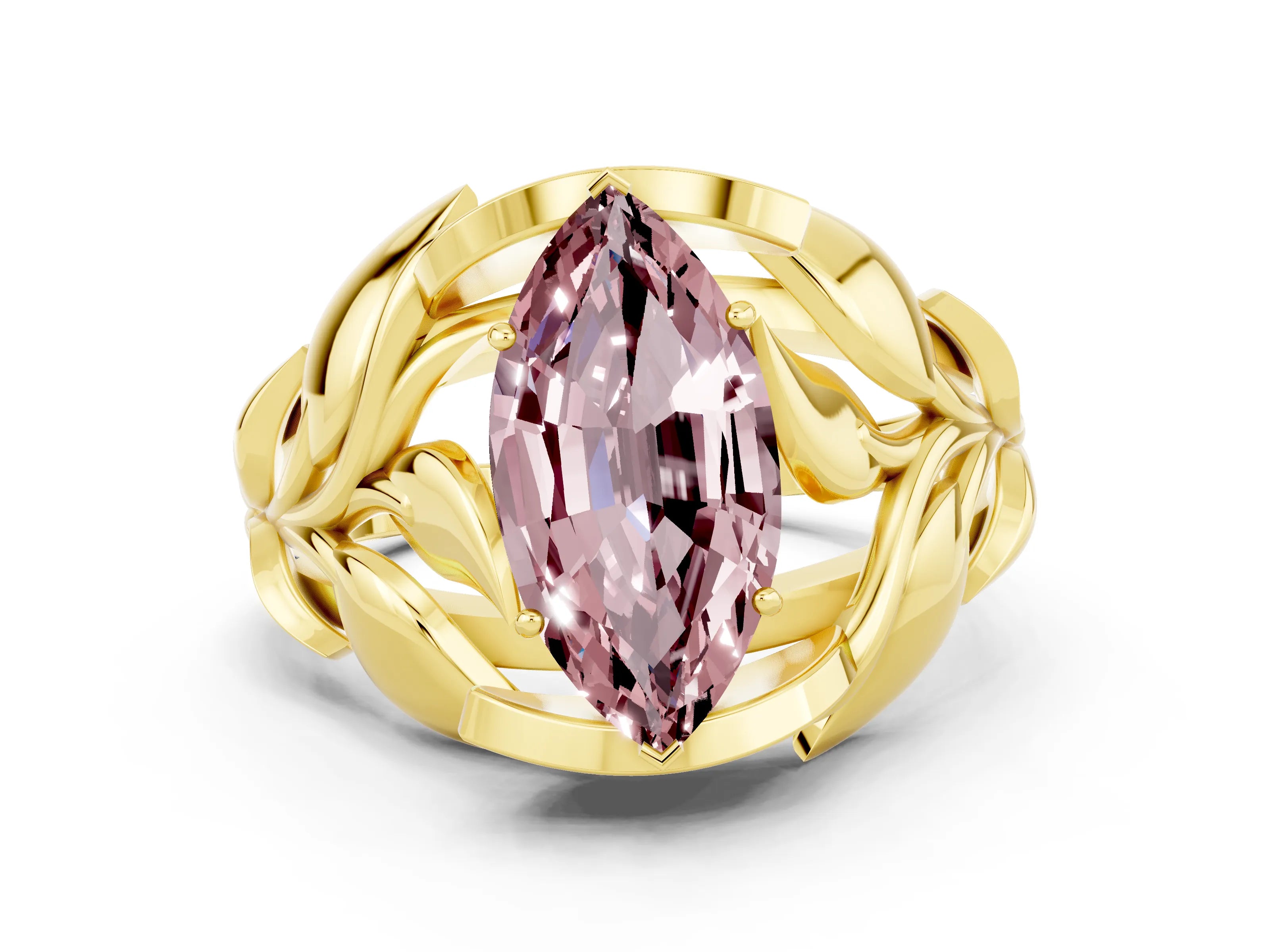 Yellow gold Marquise Cut Solitaire Leaf-Inspired Engagement Ring with Prong Setting