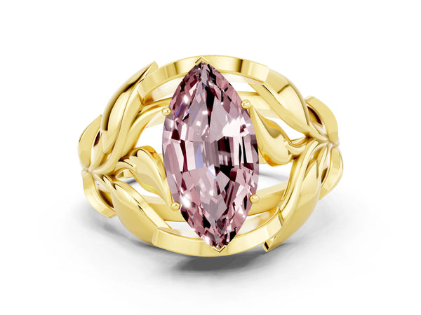 Yellow gold Marquise Cut Solitaire Leaf-Inspired Engagement Ring with Prong Setting
