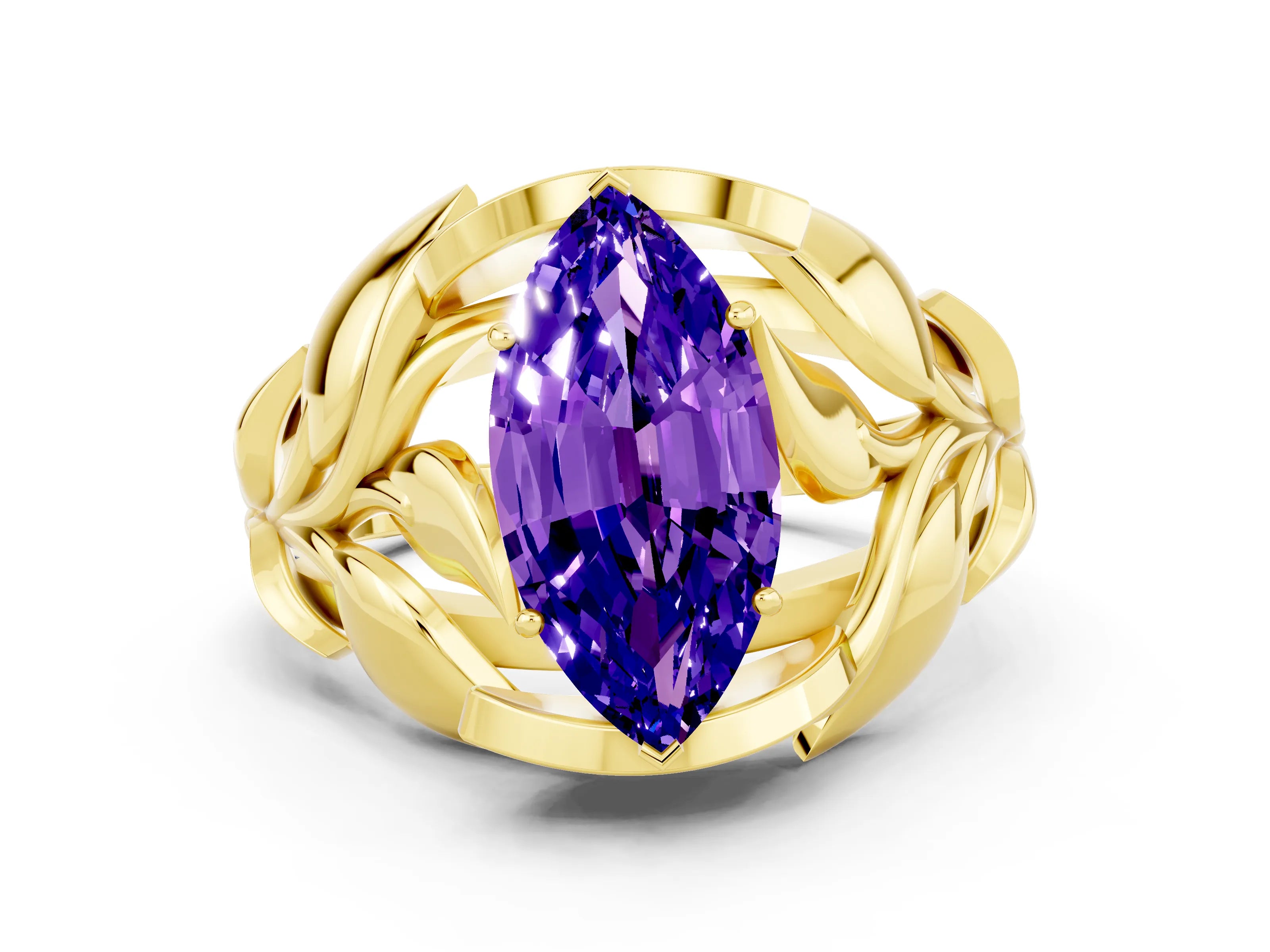 Yellow gold Marquise Cut Solitaire Leaf-Inspired Engagement Ring with Prong Setting