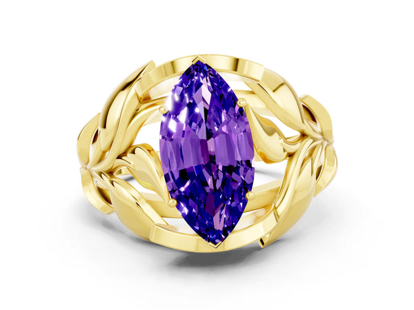 Yellow gold Marquise Cut Tanzanite Leaf-Inspired Engagement Ring with Round Accents and Prong Setting