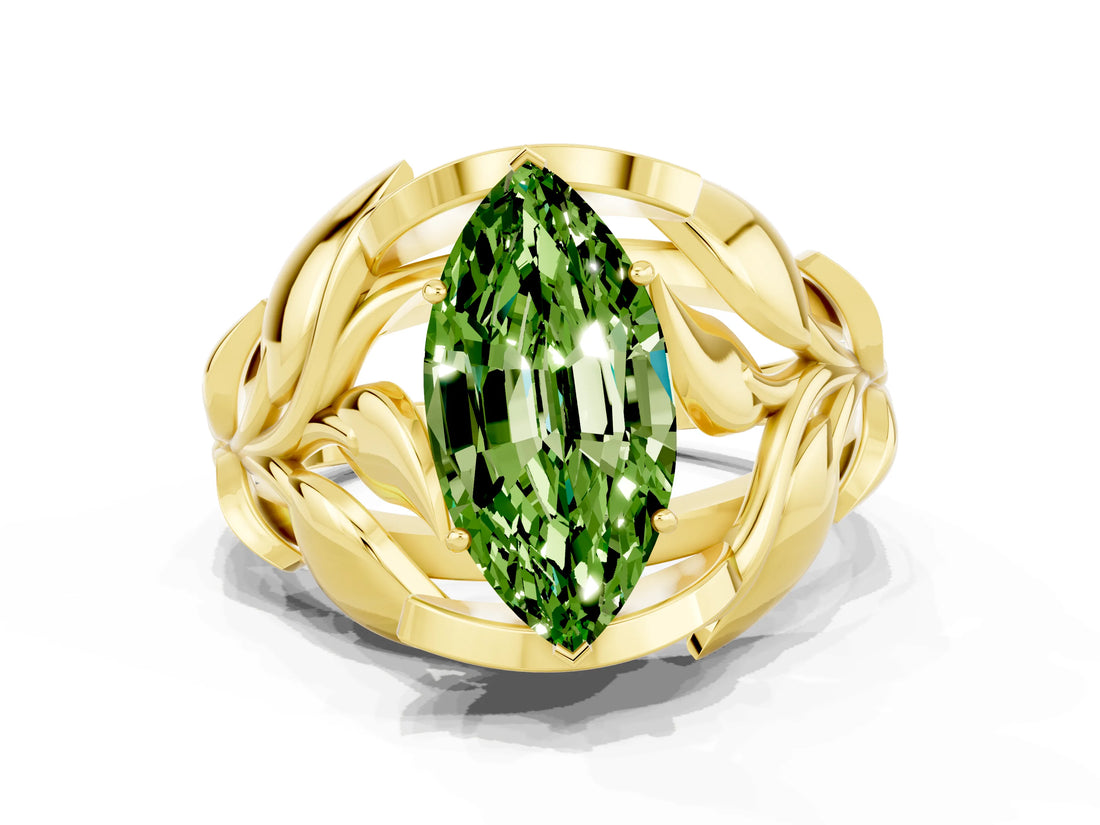 Yellow gold Marquise Cut Solitaire Leaf-Inspired Engagement Ring with Prong Setting