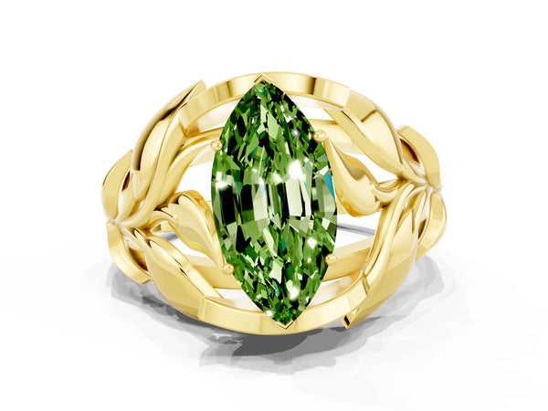Yellow gold Marquise Cut Solitaire Leaf-Inspired Engagement Ring with Prong Setting