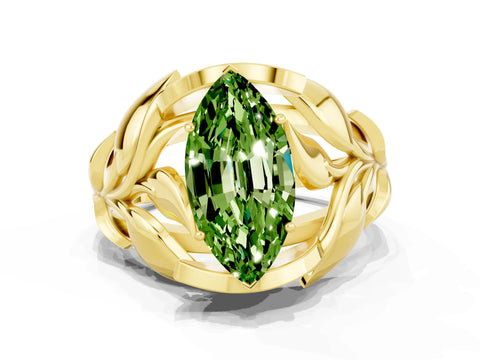 Yellow gold Marquise Cut Solitaire Leaf-Inspired Engagement Ring with Prong Setting