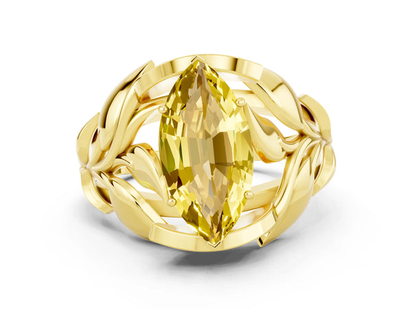 Yellow gold Marquise Cut Yellow Sapphire Leaf-Inspired Engagement Ring with Round Accents and Prong Setting