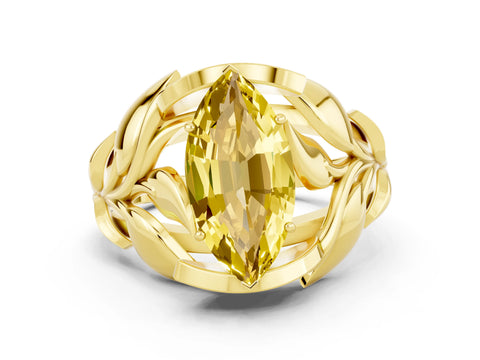 Yellow gold Marquise Cut Solitaire Leaf-Inspired Engagement Ring with Prong Setting