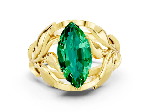 Yellow gold Marquise Cut Solitaire Leaf-Inspired Engagement Ring with Prong Setting