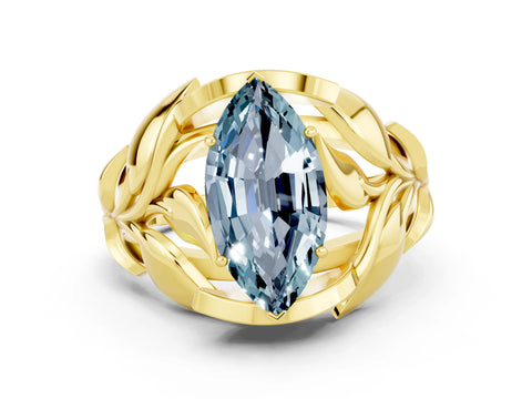 Yellow gold Marquise Cut Solitaire Leaf-Inspired Engagement Ring with Prong Setting