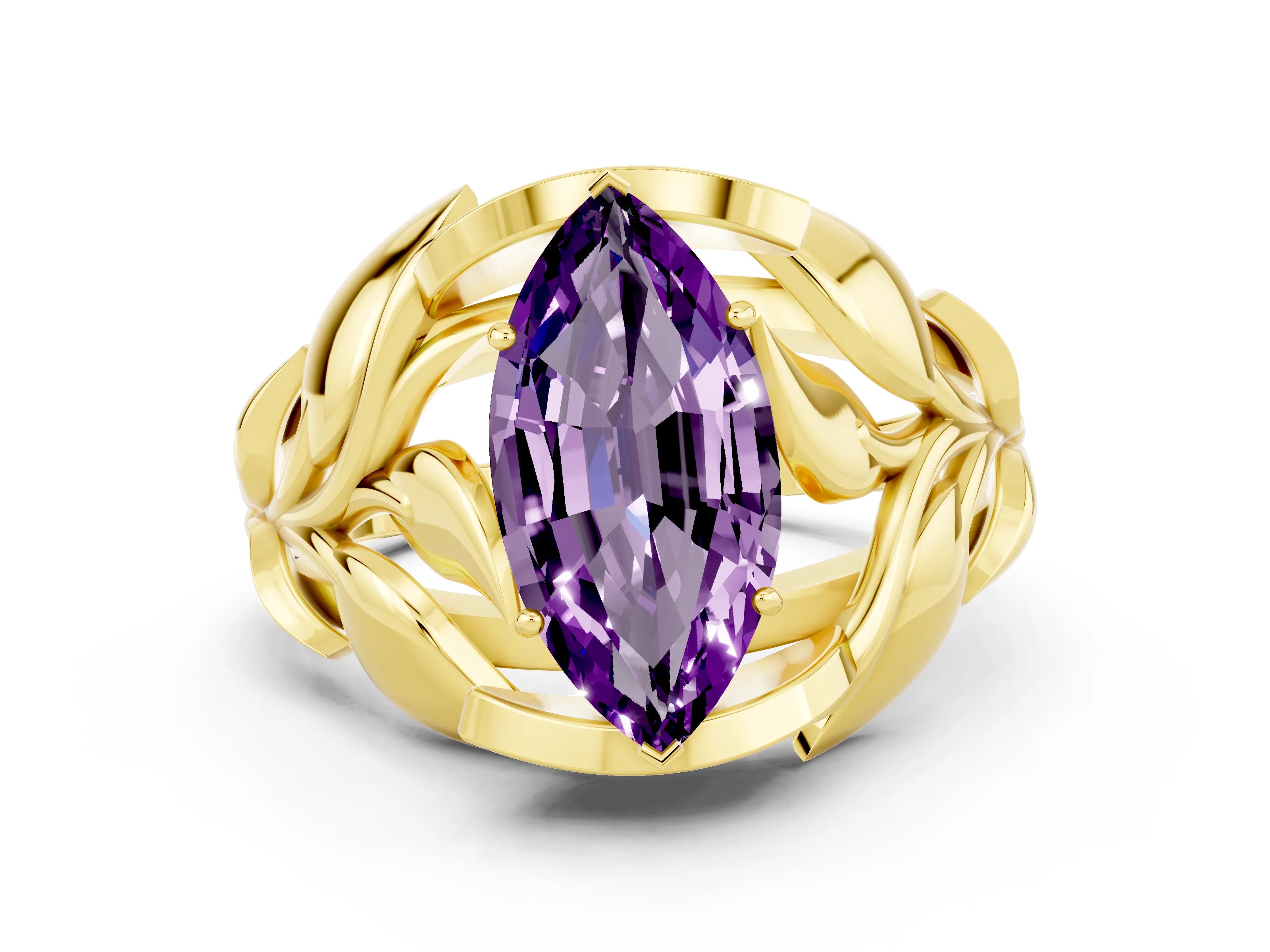 Yellow gold Marquise Cut Solitaire Leaf-Inspired Engagement Ring with Prong Setting