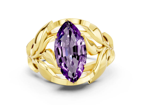 Yellow gold Marquise Cut Amethyst Leaf-Inspired Engagement Ring with Round Accents and Prong Setting