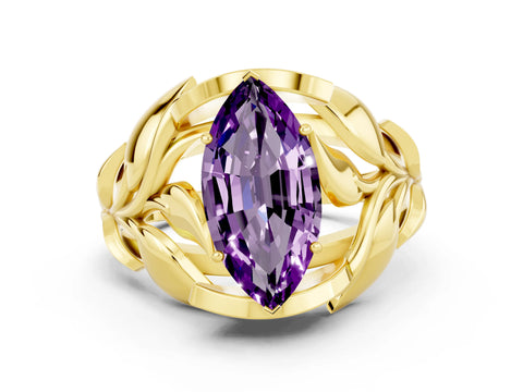 Yellow gold Marquise Cut Solitaire Leaf-Inspired Engagement Ring with Prong Setting