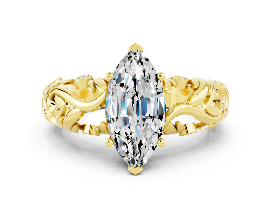 Yellow gold Marquise Cut Solitaire Moissanite Leaf-Inspired Vine Band Ring with Prong Setting